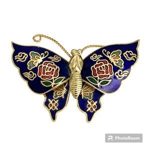 Vintage Cloisonne Butterfly Brooch Pin Flowers Blue Enamel Gold Plated Taiwan